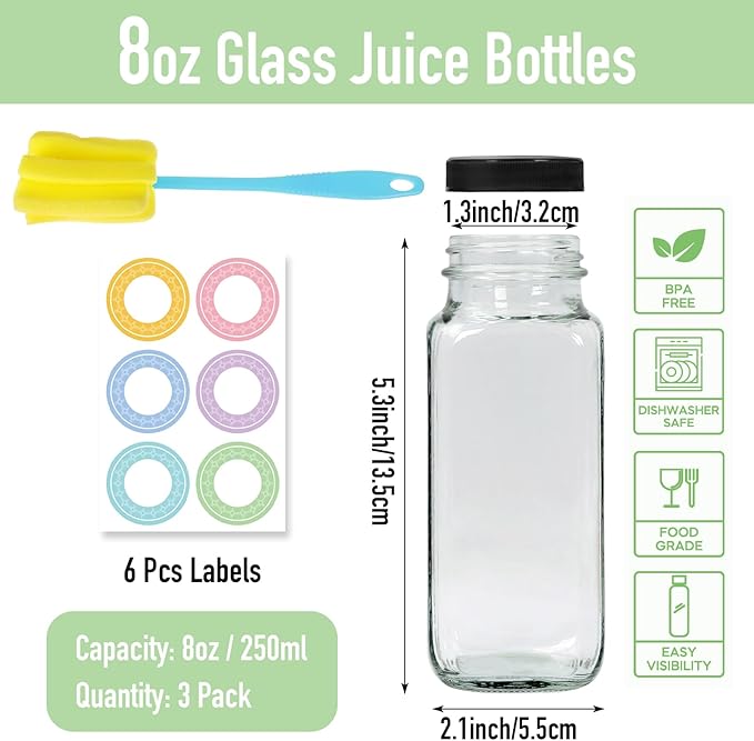 3 pack 8 oz Glass Juice Bottles with Lids, 250 ml Reusable Glass Water Bottles, Empty Drink Containers Drinking Jars with Brush, for Milk, Juicing, Kombucha, Ginger