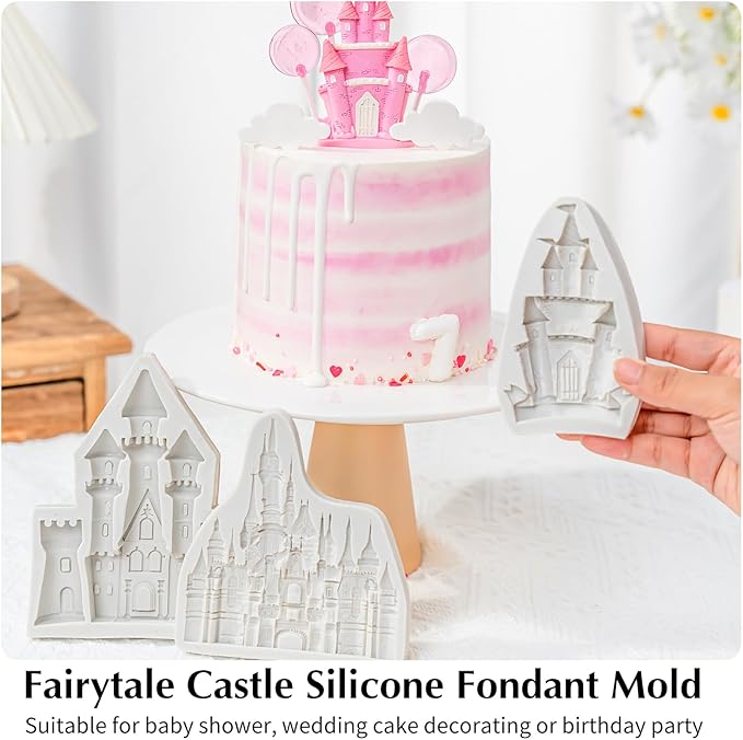KALAIEN Castle Silicone Mold,3Pcs/Set Castle Cake Fondant Molds,Princess Chocolate Molds Castle Silicone Mirror Mould for Cake Decorating, FTM5036