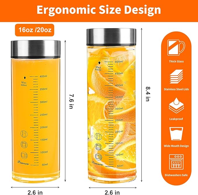 Glass Juice Bottles 6 Pack 20 oz - Wide Mouth Glass Water Bottles with Lids - for Juicing, Protein, Smoothie, Milk, Reusable, BPA Free, Stainless Steel Lids, Blender, Shaker Bottle (20oz/600ml)