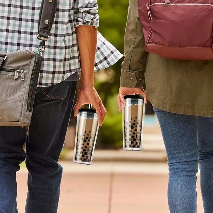 ALINK Reusable Iced Coffee Cup with Lid and Straw, 24 oz Boba Tea Smoothie Cup, Leak Proof Double Wall Insulated Iced Coffee Tumbler for Hot Cold Drinks, Bubble Tea, With 2 Boba Straws 1 Brush
