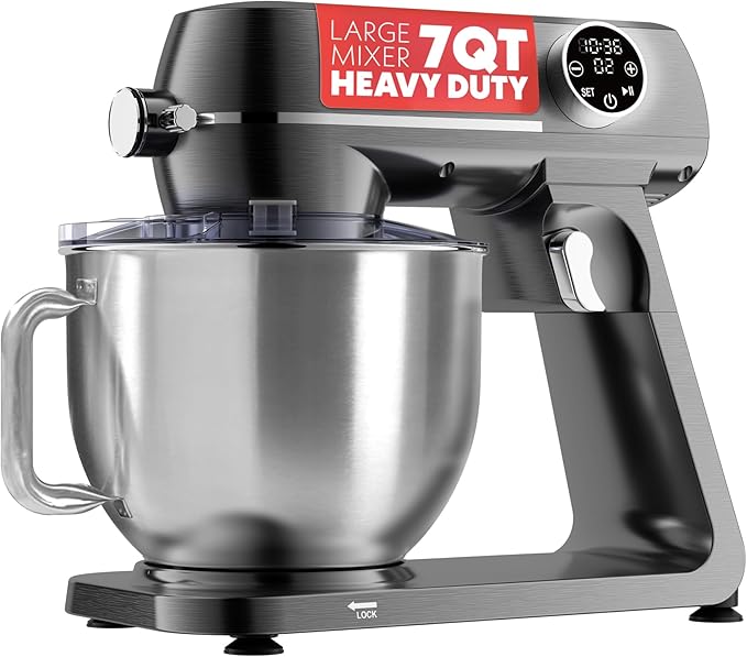 Gourmia 7 Qt Stand Mixer w/Attachments, Bowl Shield, Dough Hook, Whisk & Beater - 10-Speed Heavy Duty Kitchen Countertop Electric Dough Mixer