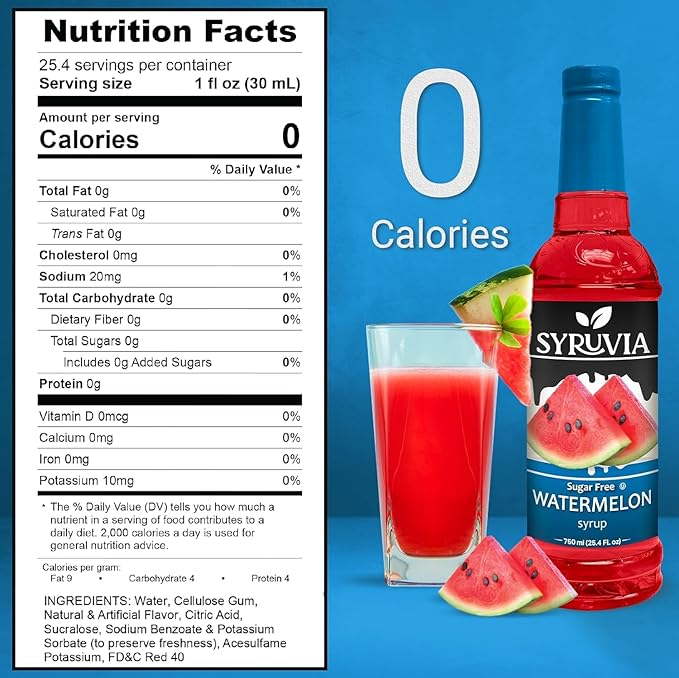 Syruvia Sugar-Free Watermelon Syrup, Flavored Syrup for Drinks, Cocktails, Lemonades, Iced Teas, and Desserts – 25.4 fl oz