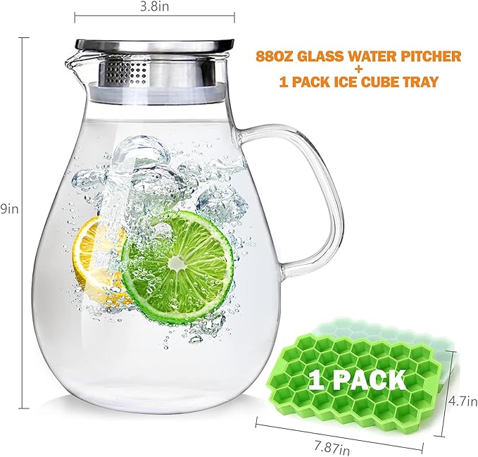 88oz Glass Pitcher with Lid and Handle - High Heat Resistance Glass Water Pitcher for Hot/Cold Water & Iced Tea with Ice Tray (2.6L)