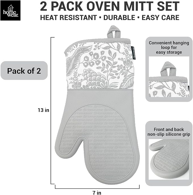 Delaney Silicone Oven Mitts Set - Extra Long, Heat Resistant Kitchen Gloves, Non-Slip Holders for BBQ, Baking, Cooking Essentials, Grey Toile, Kitchen Decor, Oven Gloves, New Home Gifts