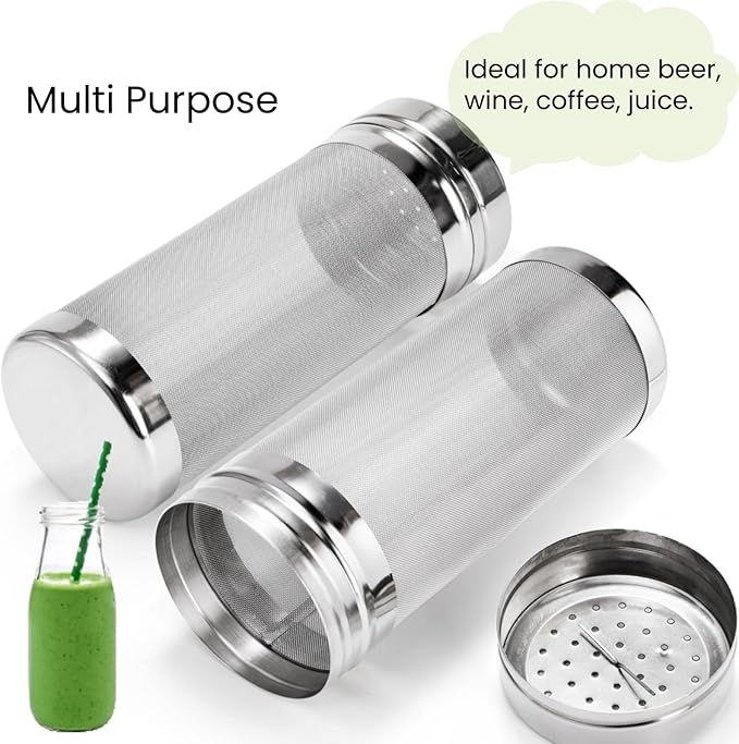 2 Pack Beer Dry Hopper Filters, 2.8 x 7 inch 300 Micron Mesh Hop Strainer with Lid, Stainless Steel Beer Hop Spider with Nylon Bristles, Brewing Filters Straining Keg for Home Coffee Wine Juice