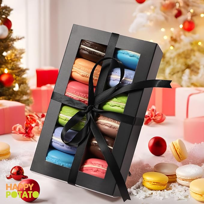 HAPPY POTATO 15 Pack Macaron Boxes - 12 Count, 7.2x4x1.9 Inches, Black with Clear Window, Includes Ribbon