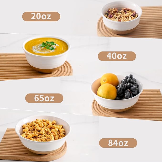 Hasense Mixing Bowls Set, 2.1/1.5/1.0/0.5 Qt Ceramic Nesting Bowls for Kitchen, Large Serving Bowls for Cooking, Prepping, Salad, Soup, Pasta, Classic White Serving Dishes for Thanksgiving, Set of 4