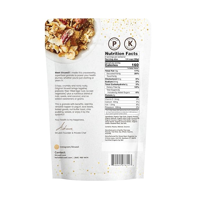 Struesli Original Organic Granola, Grain & Gluten Free, Healthy Snacks with Chia Seeds, Nuts and Sea Salt, Prebiotic High Fiber Food for Yogurt, Cereal & More, Plant Based, Keto & Paleo Friendly, 9 Oz