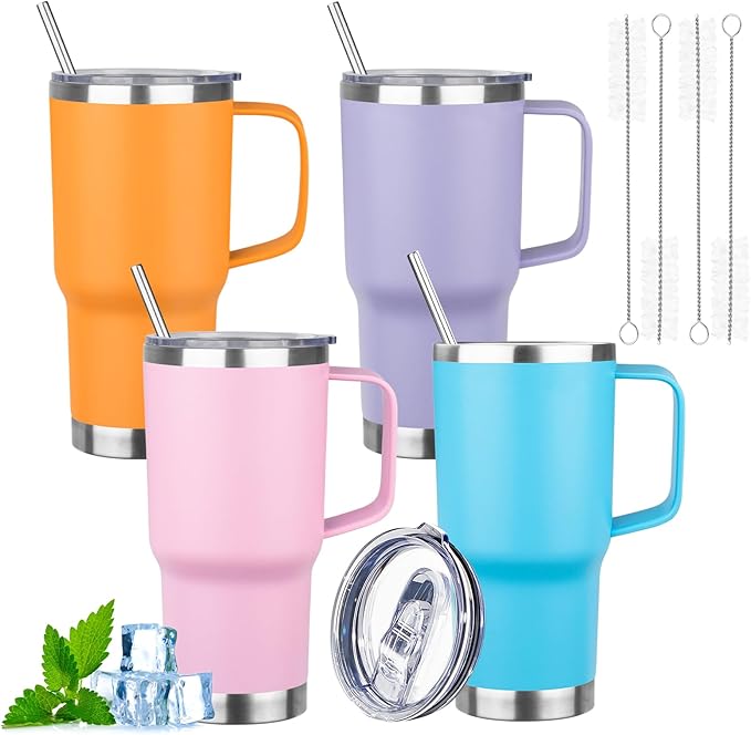 20oz Insulated Tumbler with Handle Stainless Steel Travel Coffee Mug with Lid and Straw Double Wall Vacuum Leak-proof Reusable Thermal Water Cup for Hot and Cold Drinks (Multicolor-2,4 Pack)