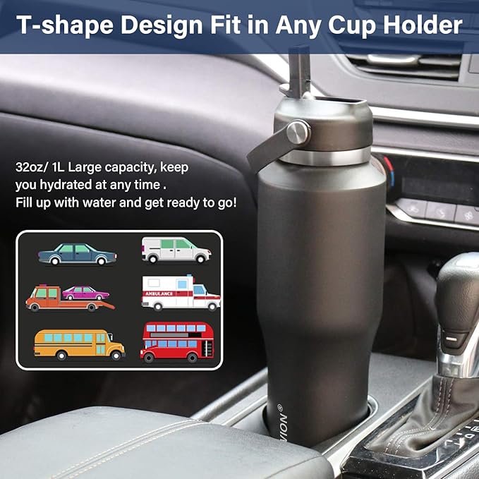 HYDROWION 40 oz Insulated Water Bottle with Straw fit in Car Cup Holder(Cold 48 hrs, Hot 24 hrs) Drinking Bottle with Straw Lid, Spout Lid and Flex Cap Leakproof Travel Thermo Mug，Black