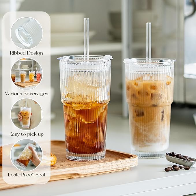 KEMORELA 6-Pack Ribbed Glass Tumblers with Lids & Straws – Vintage Style Iced Coffee Cups, Durable Smoothie & Cocktail Drinking Glasses, Reusable Clear Glassware for Home, Cafe, Office (6)