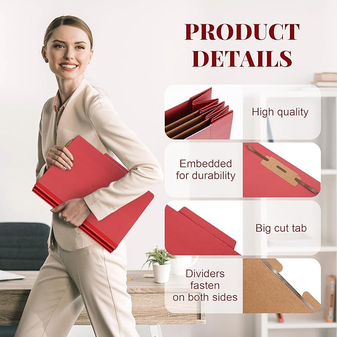 12 Pcs Classification Folders Letter Size, Back to School Supply for Teacher, Student, 3 Dividers Pressboard File Folder Bulk with 2 Fasteners, 3.5 Inch Expanding File Organizer (Red)