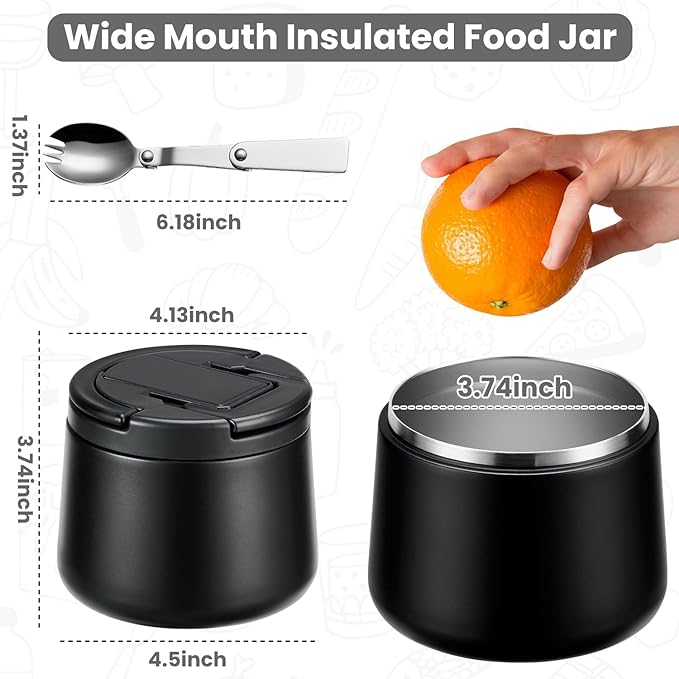 14oz Insulated Vacuum Food Jar with Buckle Lid,Soup Thermo for Hot Food Kids,Wide Mouth Leakproof Stainless Steel Lunch Container with Spoon-Black