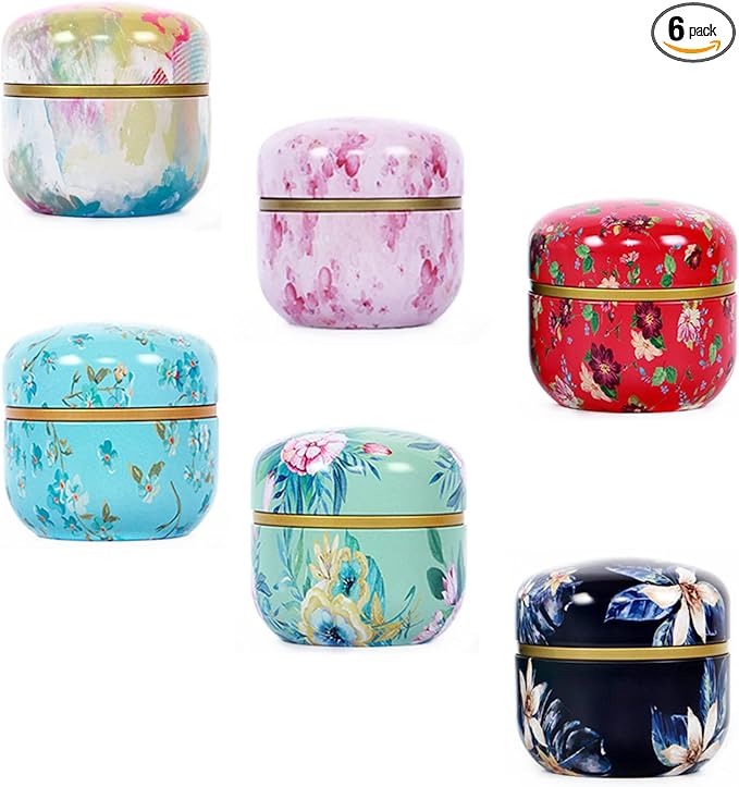 HAN SHENG 6 Pcs Airtight Tea Storage Tins 10 OZ, Vintage Style Food Containers for Loose Leaf Tea & Herbs, Coffee Beans, Spices, Sugar - Floral Embossed Design