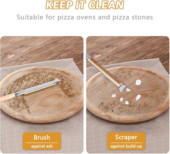 Pizza Oven Brush, 21" Brush and Stainless Steel Scraper for Pizza Stone, BBQ Grill Cleaning Brush Non Scratch Heat Proof Brass Bristles with Screwdriver, Outdoor Pizza Oven and Accessories