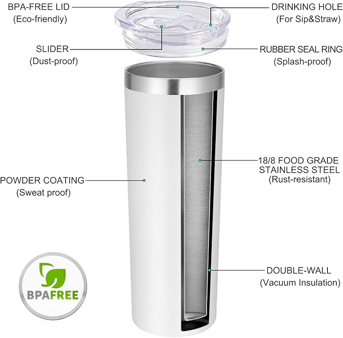 VEGOND Stainless Steel Skinny Tumbler, 20 oz Vacuum Insulated Tumbler with Lid and Straw, Double Wall Coffee Cup, Travel Mug for Cold Hot Drinks, White 1 Pack