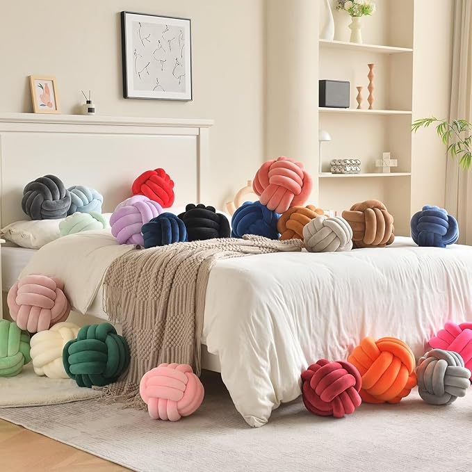 Decorative Throw Knot Pillow Ball for Home Chair Sofa Aesthetic Round Velvet Knotted Pillow Cushion (Caramel, 8inch)