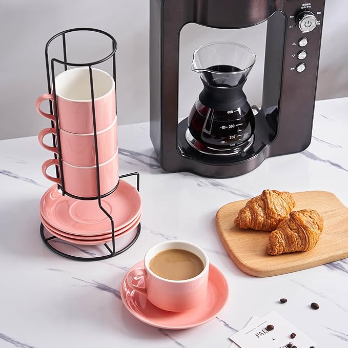 YOLIFE 8oz Porcelain Stackable Cappuccino Cups with Saucers and Metal Stand Set of 4, Coffee cups for Espresso, Specialty Coffee Drinks, Latte, Americano and Tea - Pink