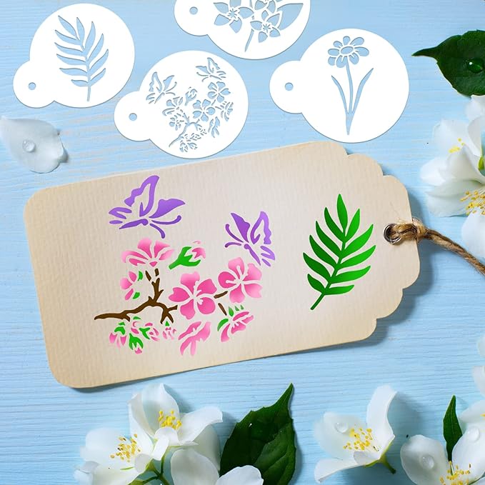 Marspark 30 Pieces Coffee Stencil Cookie Cake Stencils Latte Art Reusable Plastic DIY Bake Stencils Leaves Butterfly Flowers Bird for Coffee Cookie Drawing