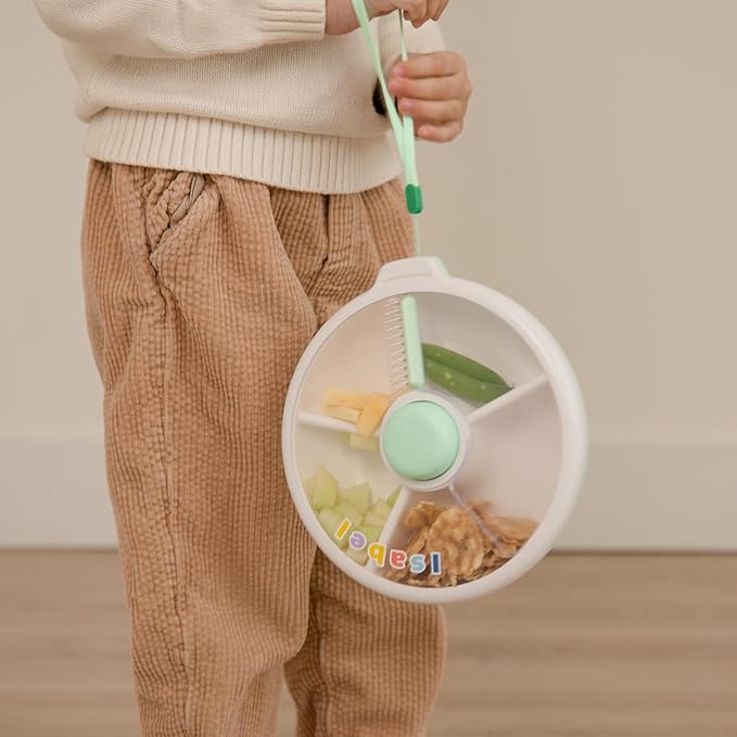 GoBe Kids Large Snack Spinner Slide Bundle with Hand Strap and Sticker Sheet - Reusable Snack Container with 4 Compartment Dispenser and Lid | BPA/PVC Free | Dishwasher Safe | No Spill - Coral Pink