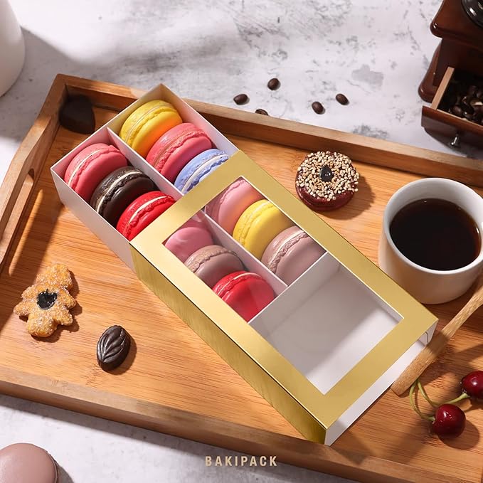 Macaron Boxes - 15 Gold Macaron Gift Boxes with Clear Window, Interior 7.3x4.2x1.9 Inches