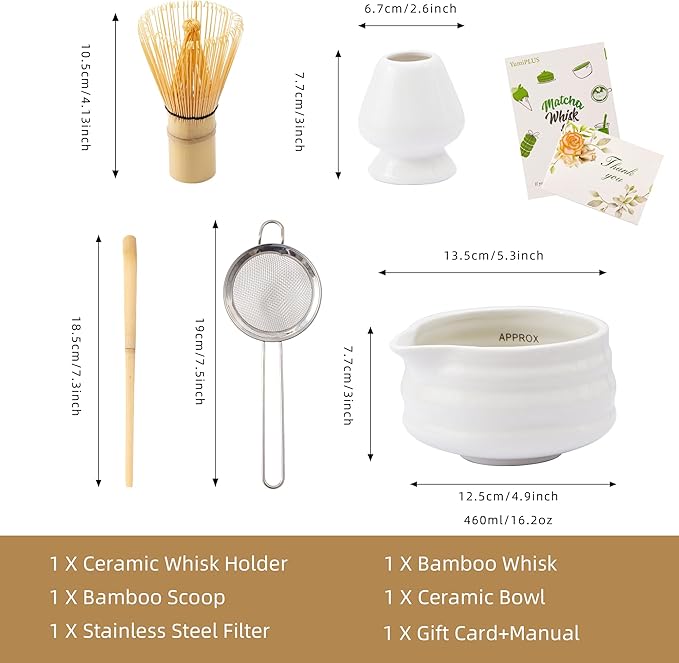 5pcs Premium Matcha Set,Ceramic Bowl with Spout and Bamboo Whisk set, Ceremonical Matcha Kit for breakfast/latte,Tea Starter Making Kit,Unique Matcha Gift set (white)