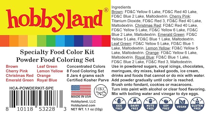 Hobbyland Powder Food Color Kit, Specialty Powder Food Coloring Set, 8 Colors, 4 Gram Jars