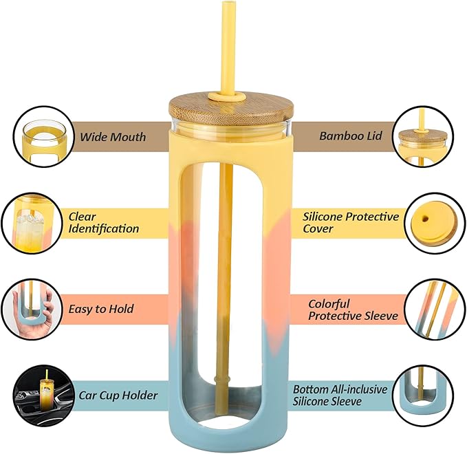 Kodrine 20oz Glass Tumbler with Straw and Lid, Iced Coffee Cups with Bamboo Lids, Glass Cups for Cold Drinks, Smoothie Cup with Silicone Sleeve for Travel, Work, BPA FREE-Blue Yellow