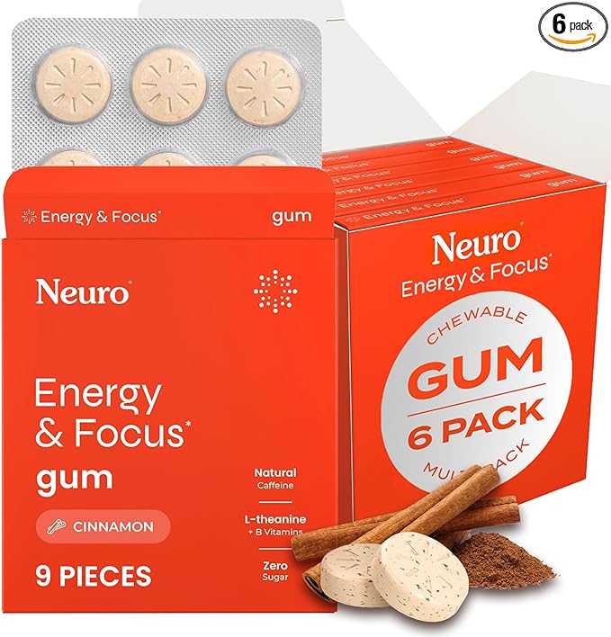 Neuro Energy & Focus Gum - 40mg Natural Caffeine Gum & Nootropic Energy Supplement with L-Theanine & B Vitamins - Sugar Free, Vegan - Cinnamon, 54ct