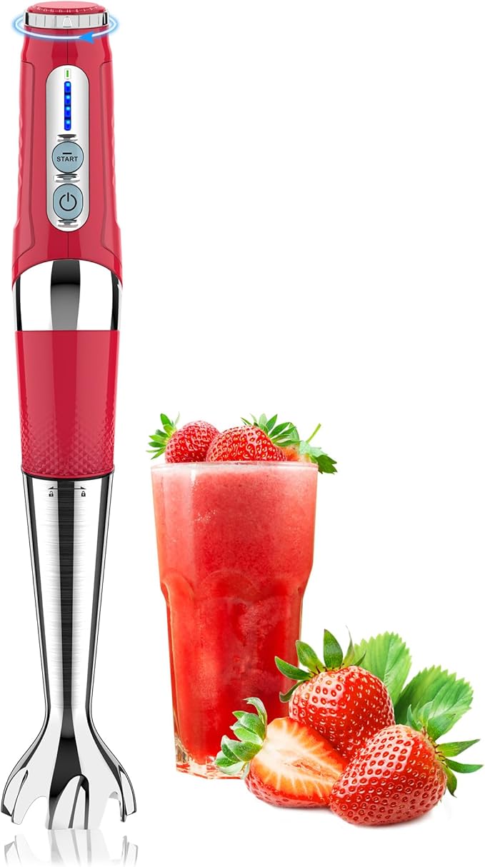 Cordless Immersion Blender Handheld: Powerful Rechargeable Electric Hand Blender, 21-Speed & 3-Angle Adjustable with Stainless Steel Blades for Milkshakes, Smoothies, Soup, Puree, Baby Food (Red)