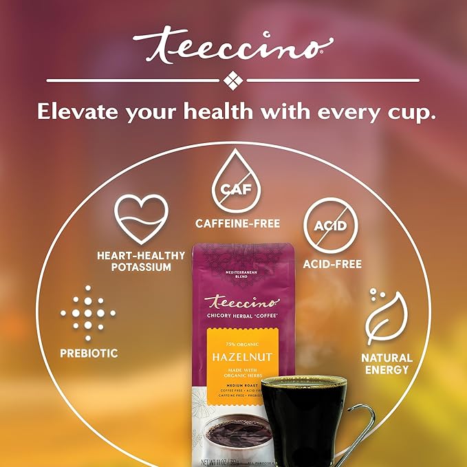 Teeccino Chicory Coffee Alternative - Hazelnut - 11 Ounce - Ground Herbal Coffee That’s Prebiotic, Caffeine Free & Acid Free, Medium Roast
