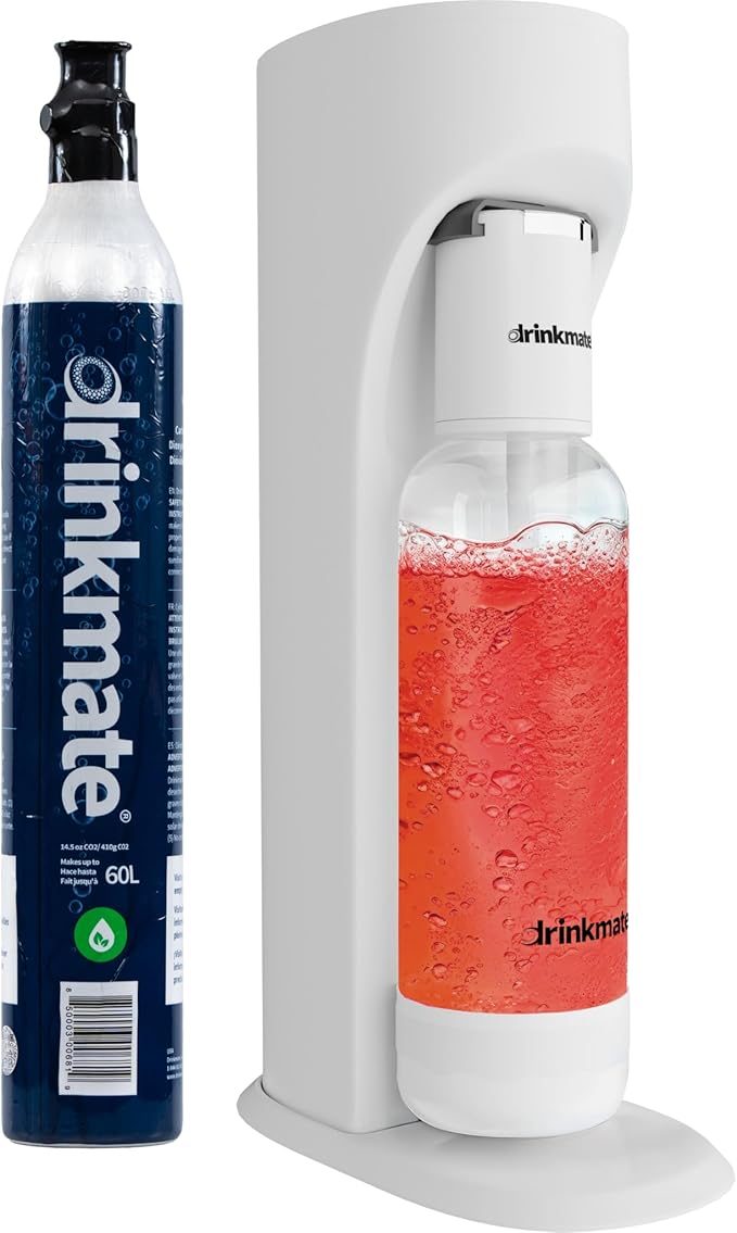Drinkmate OmniFizz Sparkling Beverage Maker CO2 Bundle - Sparkling Water/Soda Streaming Machine That Carbonates Any Drink - Includes 1 CO2 Cylinder, 1 Carbonation Bottle, 1 Fizz Infuser Classic White