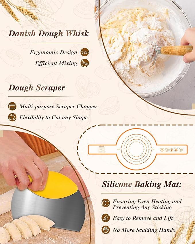 Banneton Basket Set of 2, 10" Oval & 9.7" Round Banneton Bread Proofing Basket with Liners, Bread Lame, Silicone Baking Mat, Danish Whisk, Brush, Proofing Bowls Sourdough Starter Kit Tools