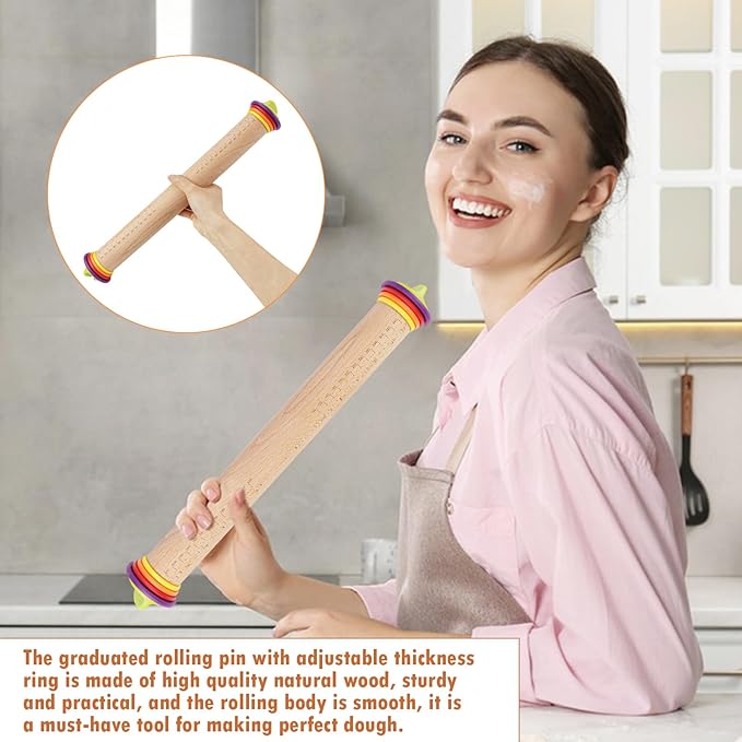17Inch Wooden Rolling Pin, Rolling Pin with 4 Adjustable Thickness Ring, Graduated Rolling Pin for Baking, Fondant, Pizza, Crust, Cookies, Pastry