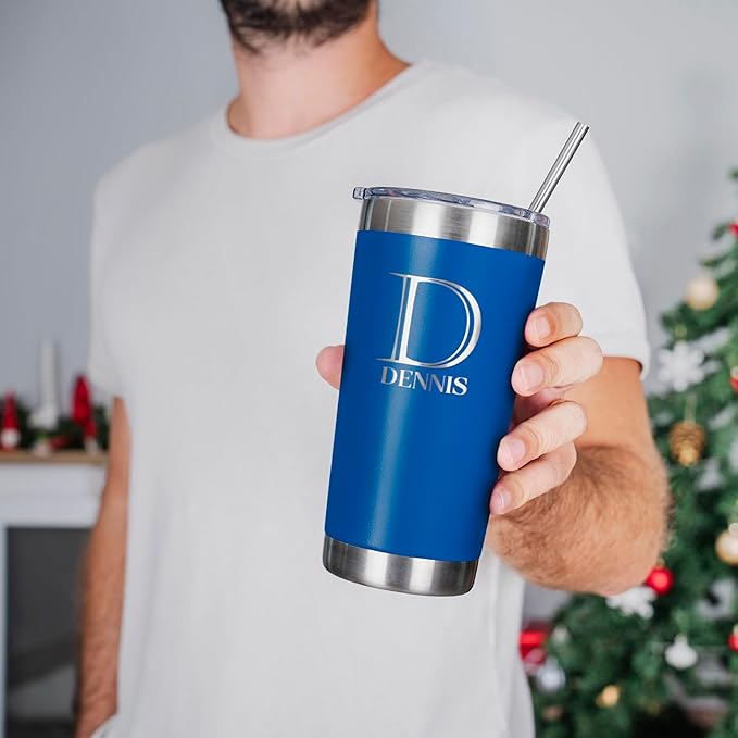 Personalized Tumbler with Engraved Name - 12 Designs, 20 Oz Coffee Tumbler with Slider Lid, Royal Blue, Double Wall Insulated - Custom Gift for Men, Women