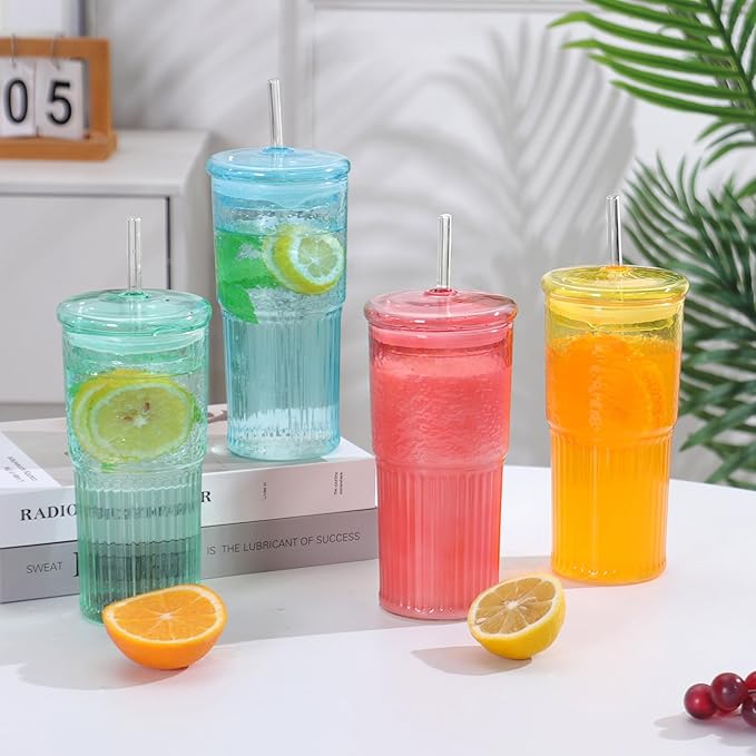 20 OZ Glass Cup with Lids and Glass Straws, High Borosilicate Iced Coffee Glass Tumblers with Lid and Straw for Drinks, 2pcs Reusable Wide Mouth Smoothie Cup(Yellow)