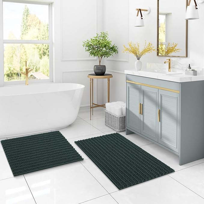 Arotive Luxury Chenille Bathroom Rug Mat, Extra Soft Thick Absorbent Shaggy Bath Rugs, Non-Slip Machine Wash Dry, Plush Bath Mats for Bathroom, Shower and Tub, 40x24, Dark Green