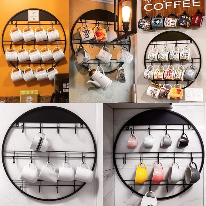 AJART Coffee Bar Decor Mug Holder: 22" Round Square Coffee Cup Rack for Home Kitchen Office Dining Room Cafe Bar