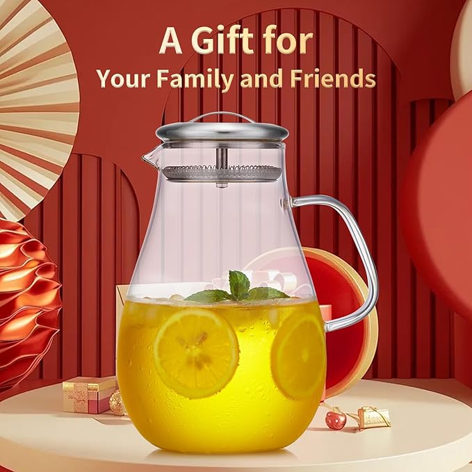 68OZ Glass Pitcher with Lid and Spout, Water Jug, 2000ML Carafe for Hot/Cold Water, Large Iced Tea Pitcher for Coffee, Juice and Homemade Beverage