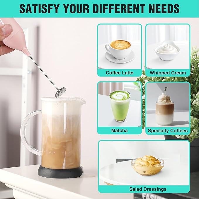 HAUSHOF Powerful Rechargeable Milk Frother Wand with Stand, Handheld Electric Foam Maker, Drink Mixer with Detachable Stainless Steel Whisk for Coffee Latte, Cappuccino, Matcha, Pink