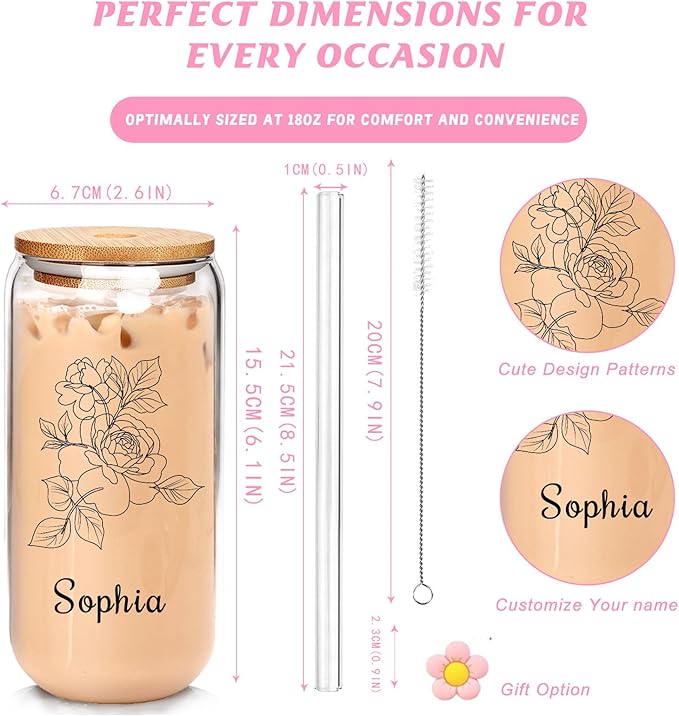 Personalized Tumbler for Women-Can Shaped Glass with Lids and Straws-18OZ Iced Coffee Cups with Lids, Flower Cute Glass Cups, Mothers Day Birthday Gift for Women Her (BirthFlower)