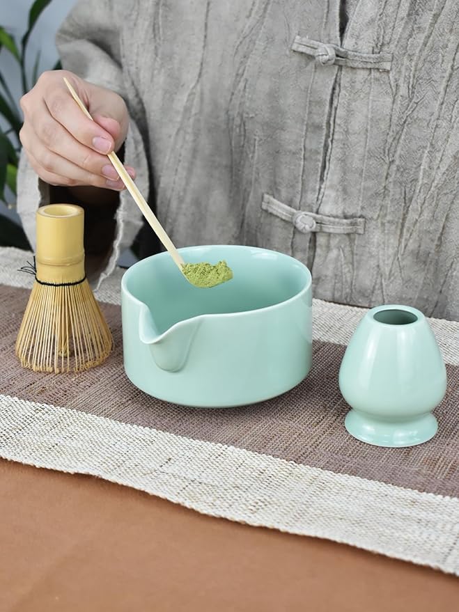 Artcome Premium Matcha Tool Set – Includes Matcha Bowl with Pouring Spout, Whisk, Whisk Holder, Tea Scoop & Matcha Manual - Green