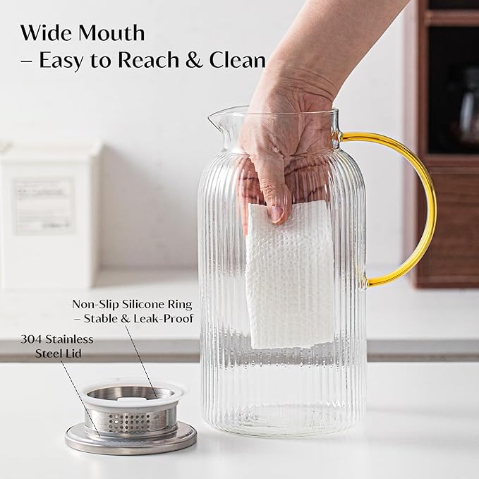 INSETLAN 68 Oz/2L Glass Pitcher with Lid and Spout, Ribbed Glass Jugs with Handle, Hot & Cold Water Pitcher for Iced Tea, Juice, Lemonade - Modern Glass Carafe for Fridge or Table (Pack of 2)