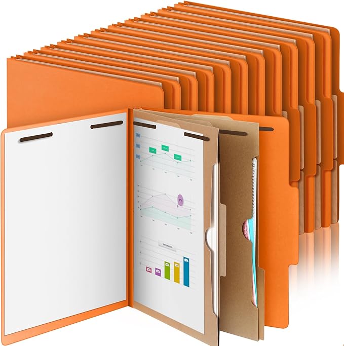 24 Pcs Classification Folders Letter Size, Back to School Supply for Teacher, Student, 2 Pocket Dividers Pressboard File Folder Bulk with 2 Fasteners, 2 in Expanding File Organizer (Orange)