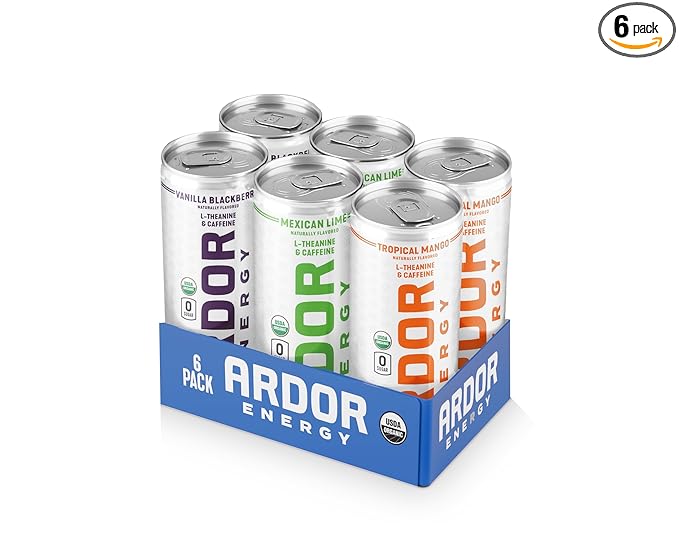 ARDOR ENERGY Sparkling Water with 100mg Natural Caffeine & 200mg L-Theanine from Organic Green Tea for Smooth Energy & Focus | Healthy Energy Drink | No Sugar, Zero Calories, Vegan, Gluten-Free | Tropical Variety (Pack of 6, 12oz cans)