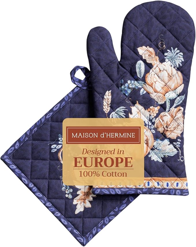 Maison d' Hermine 100% Cotton Oven Mitt & Pot Holder Set (7.5"x13" & 8"x8") Heat Resistant BBQ Cooking Gloves with Loop, Baking, Grilling, Kitchen, Handling Hot Pans (Pumpkin Blues)
