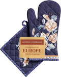 Maison d' Hermine 100% Cotton Oven Mitt & Pot Holder Set (7.5"x13" & 8"x8") Heat Resistant BBQ Cooking Gloves with Loop, Baking, Grilling, Kitchen, Handling Hot Pans (Pumpkin Blues)