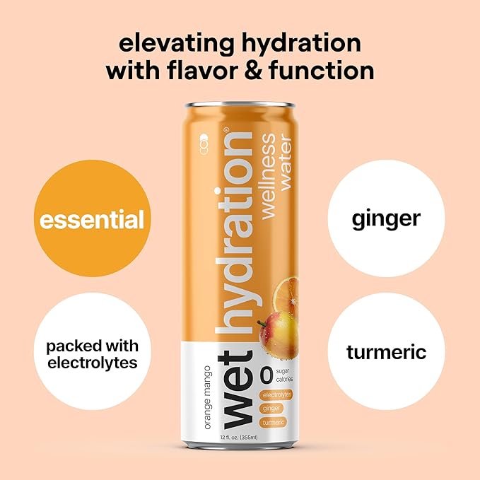Wet Hydration - Functional Hydration Beverage - Flavored Water, Sugar-Free, Gluten-Free, No Artificial Ingredients (Orange Mango Ginger Turmeric)