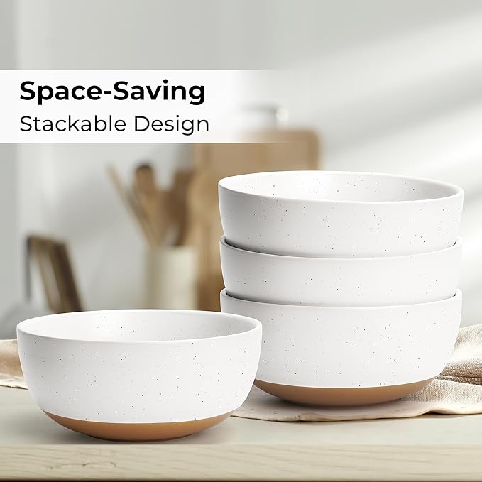 MIAMIO – Set of 4, 28 Ounce Ceramic Soup Bowls/Cereal Bowl Set for Salad, Oatmeal, Fruit, Rice – Dishwasher & Microwave Safe – Aura Collection (Creamy Cocoa, Bowls (4x))