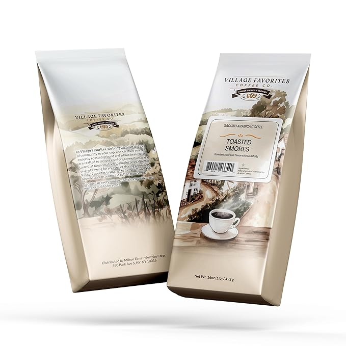 Village Favorites Flavored Coffee – Low Acid, Mold-Free, 100% Arabica, Slow Roasted Medium Roast, Smooth & Stomach Friendly, Ground, 1LB Bag (16oz)- Kosher (16oz, Toasted S’mores)